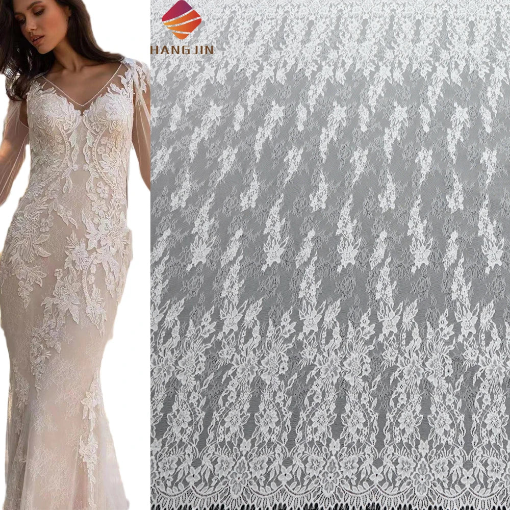 Classic Ivory French Alencon Embroidered Mesh Fabric 3 Meters Chantilly Lace Fabric With Eyelash Fringe for Bridal Gown