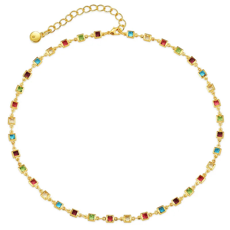 Fashion Design Creative Handmade Beaded Necklace Square 18K Gold Colorful Zircon Necklace for Women