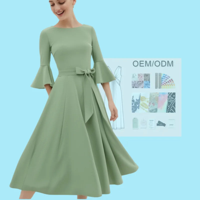 Women's Bell Sleeve Cocktail Party Dresses for Wedding Guest Fit and Flare Modest Church Midi Evening Dress