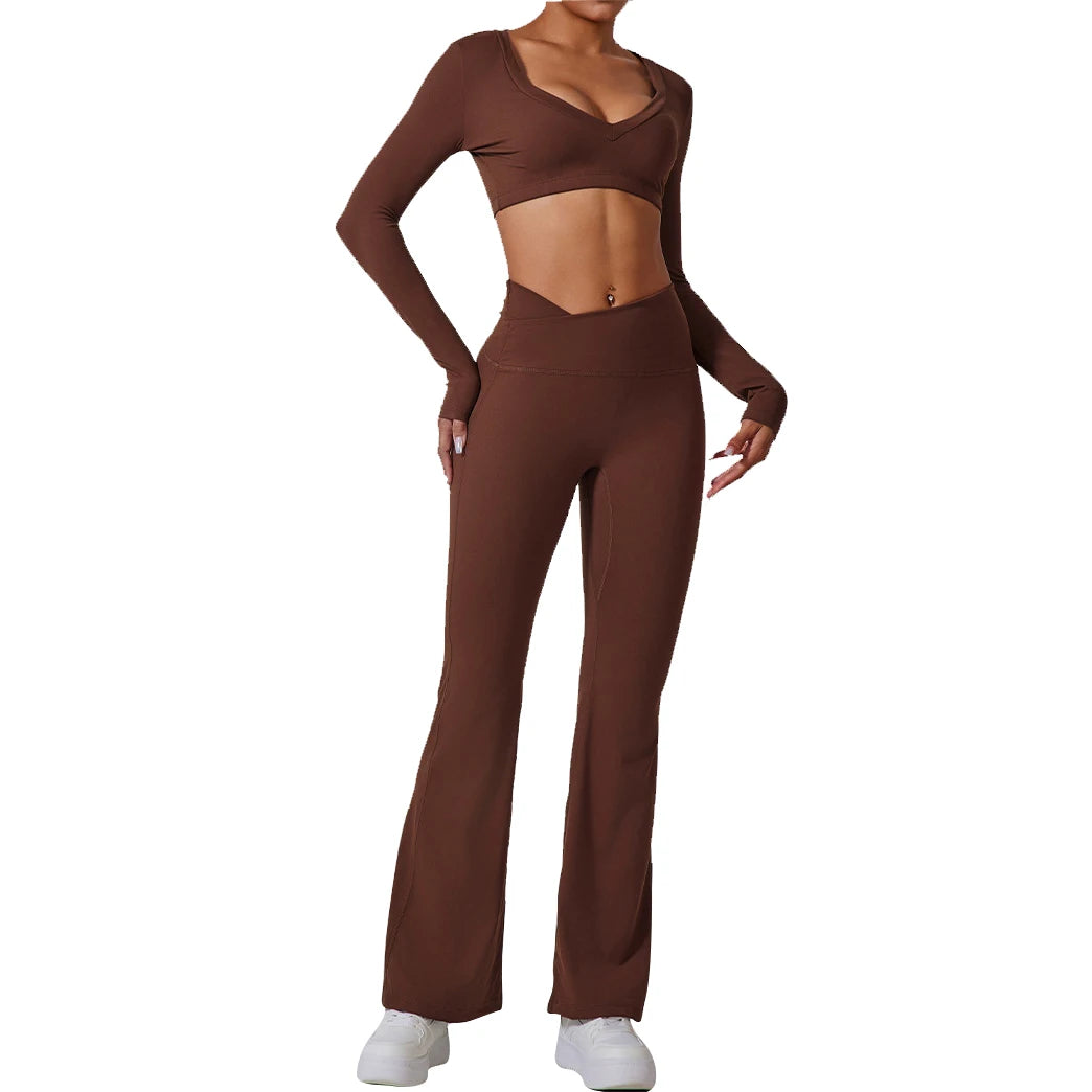 Women's XL Yoga Flare Pants Tops Set Open Back Quick Dry & Lightweight Soft Compression Breathable Seamless Solid Pattern