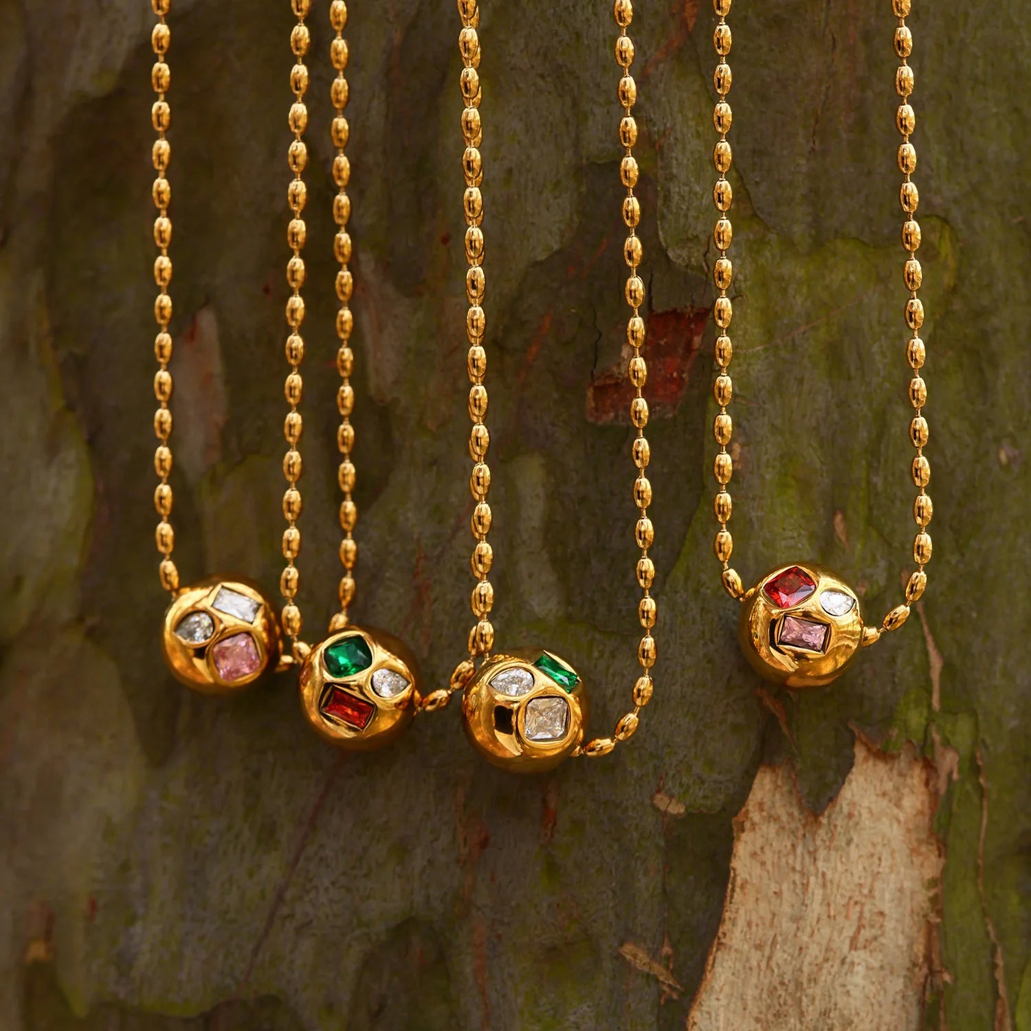 Light Luxury Round Ball Setting Colourful Zirconia Rice Beads Stainless Steel Lock Bone Chain Necklace