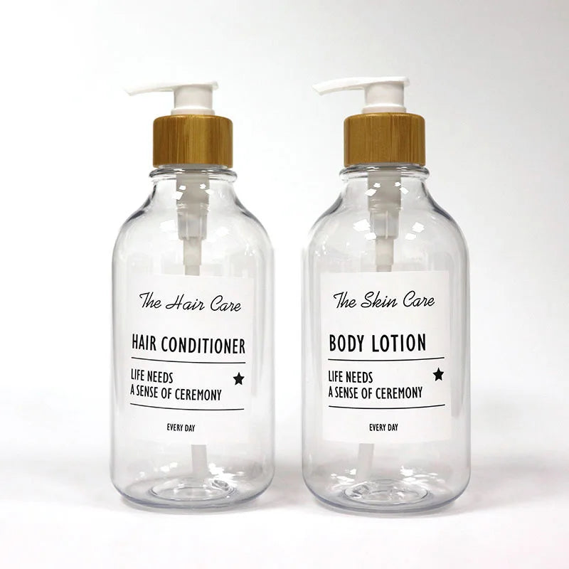 Customizable 500ml Transparent PET Plastic Shampoo Bottles with Bamboo Collar and White Pump