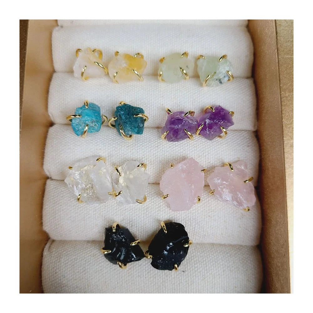 Luxury Delicate Multicolour Natural Stone Stud Earrings Irregular Gemstone Amethyst Raw Earrings for Women