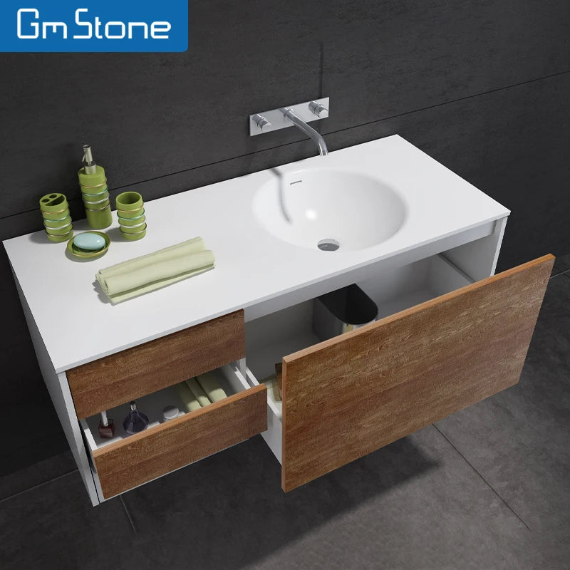 Modern Solid Surface for Bathroom Vanity Sink Hand Wash Basin with MDF Cabinet for Hotel and Apartment Rooms Wholesale Price