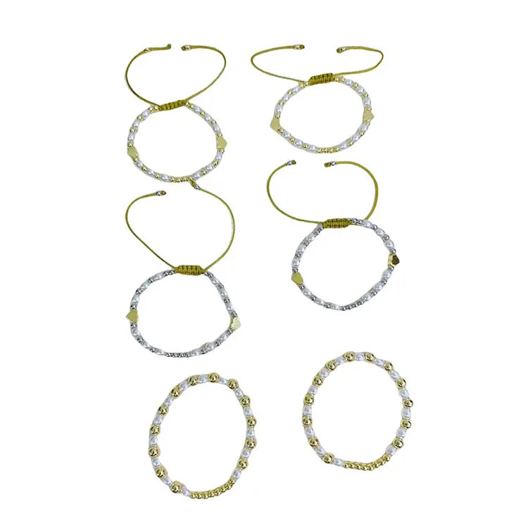 BB1061 Dainty 4mm Pearl and Gold Round Beaded BraceletGold Heart Beads and Faux Pearl Beaded Macrame Adjustable Bracelets
