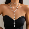 Long Pearl Beads Chain With Rhinestone Pendant Necklace for Women Trendy Lady Long Tassel Accessories Fashion Jewelry Party Gift