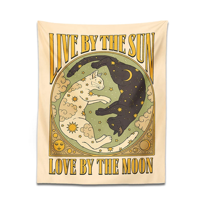 Sun Moon Cat Tapestry Wall Hanging Tarot Retro Black White Cat Psychedelic love Star for Living Room Home Dorm Decor Cloth Gift