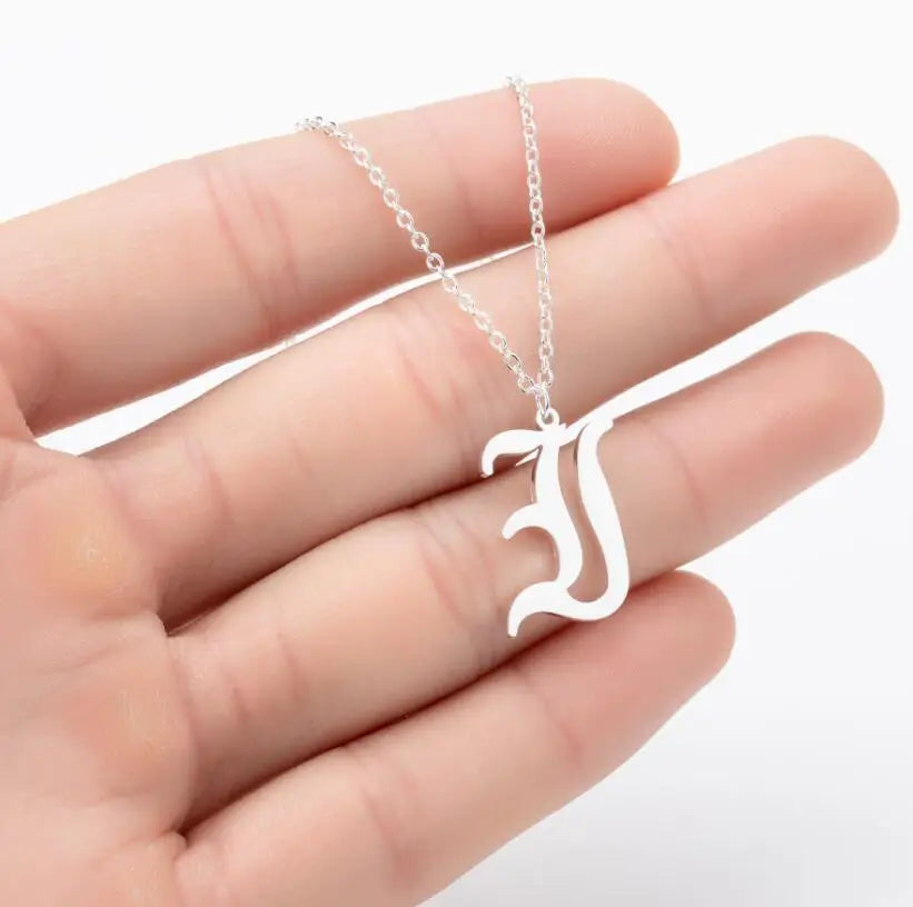 Qiuhan Stainless Steel Personalized A-Z Old English Custom Letter Initial Necklace Jewelry