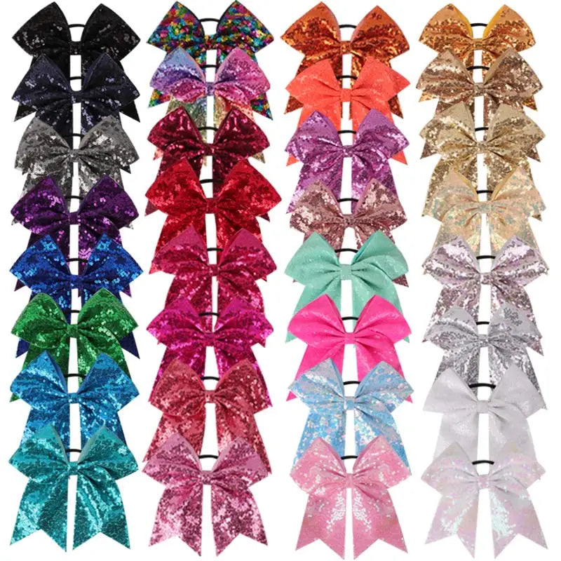 7 Inch Stiff Sparkly Hair Bow With Elastic Ponytail Holder Girls Softball Cheerleader Dance School Spirit Sequin Cheer Bows