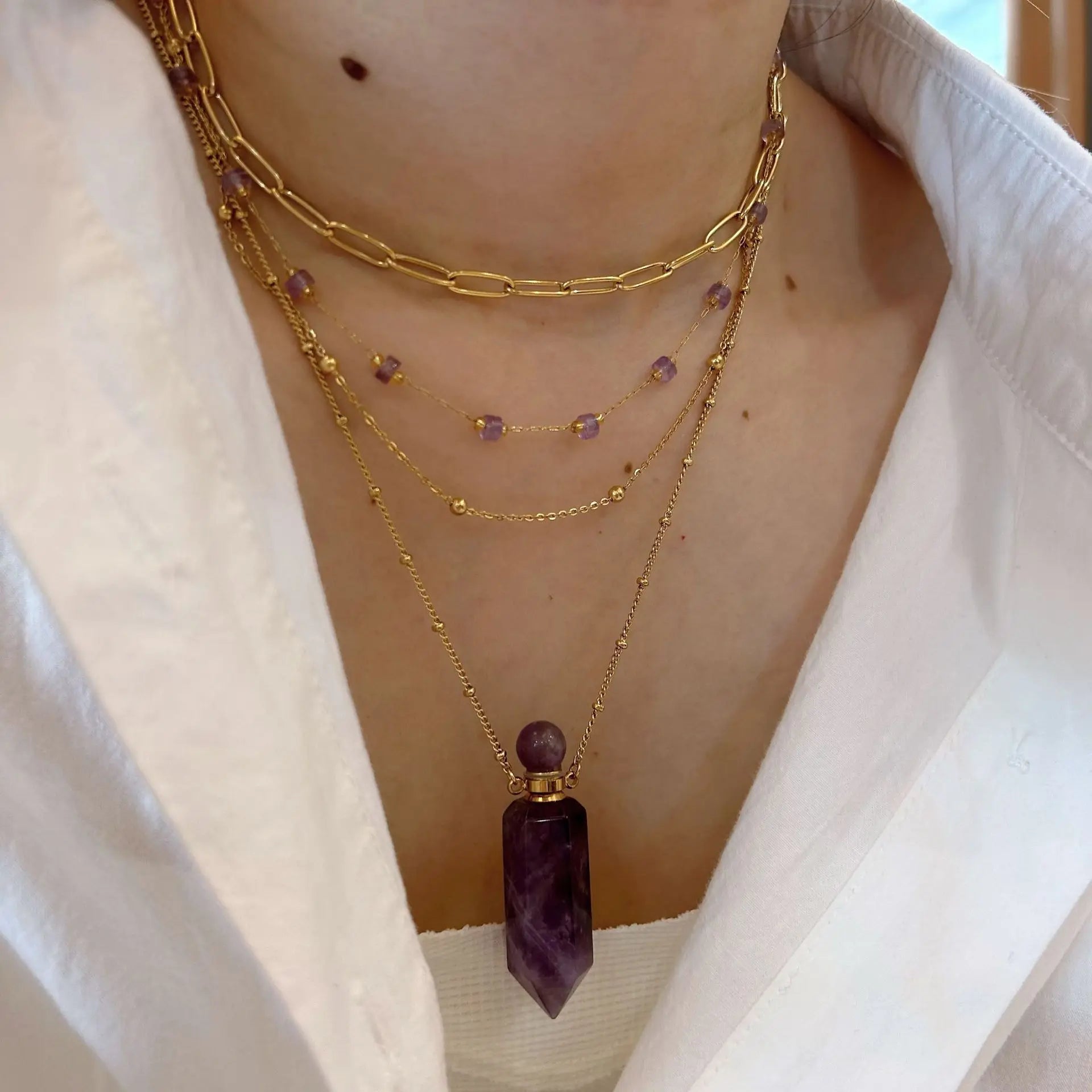 Natural Amethyst Pendent Stone Necklace Healing Stone Necklace for Men Women Stainless Steel Chain Bohemian Style Jewelry Set