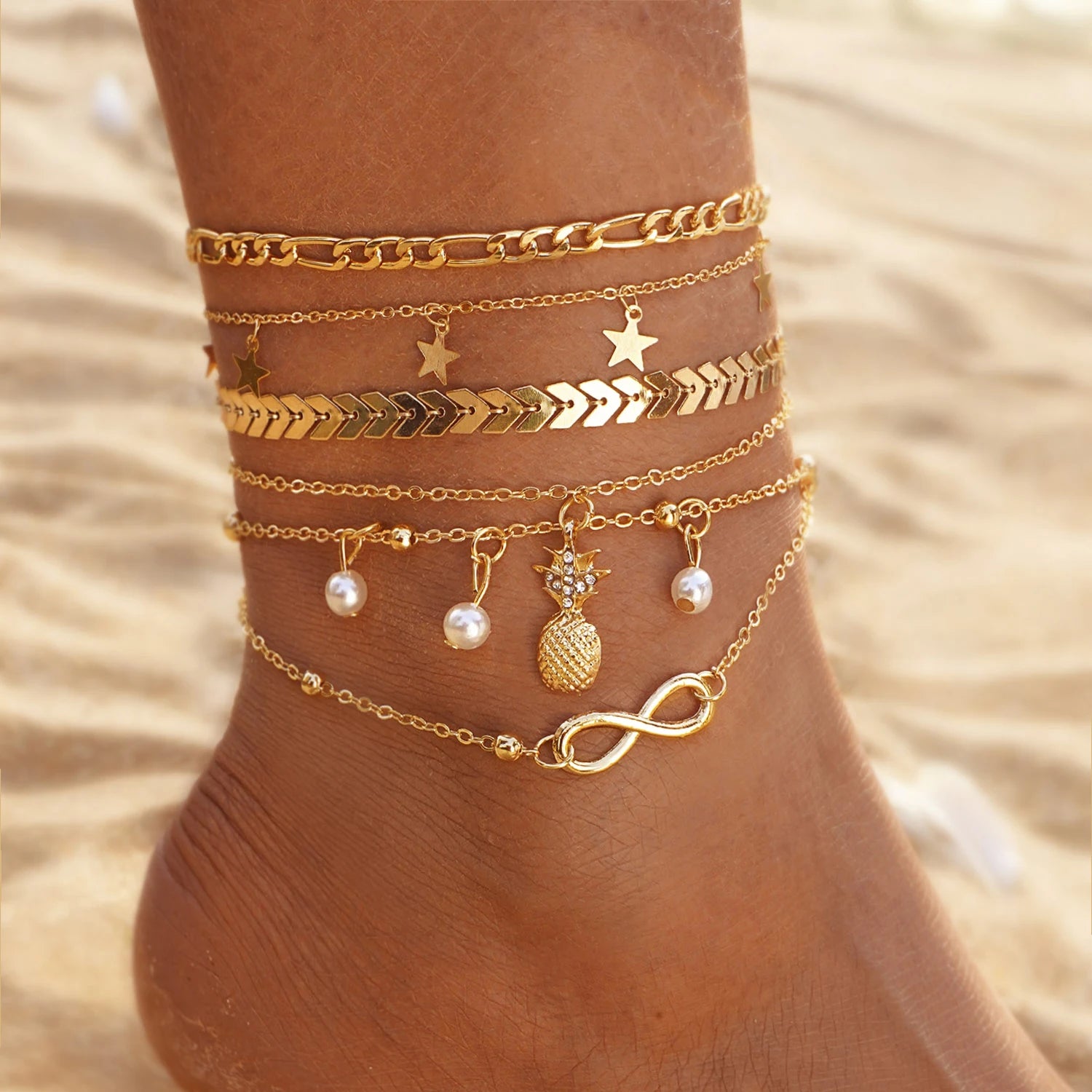 VKME New Style Women Jewelry Fashion Punk Gold Plated Pearl Star Anklet Set Wholesale