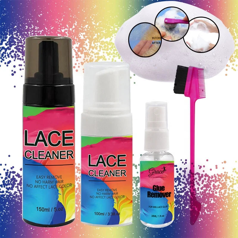 Private Label Lace Frontal Wig Cleaner Remove Oil Dirt Residue Wig Glue Lace Foam Cleanser Glue Remover Kit With Brush