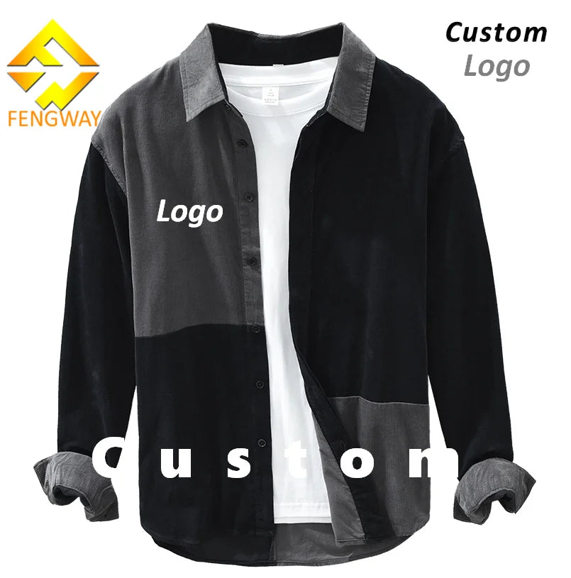 Fengway Custom Trendy Men's Spring Corduroy Long Sleeve Casual Shirt with Patchwork Design Eco-Friendly & Breathable Loose Fit