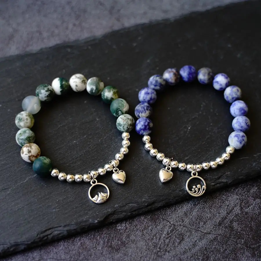 10mm Solidate Stone Stainless Beads Sea and Mountain Couple Magetic Lover Bracelet ST244