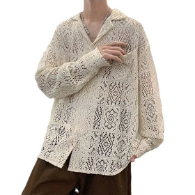 Oem Summer Men Casual Texture Crotchet Button up Lace Shirt Customized Mens Stylish Short Sleeves Crochet Hot Shirts for