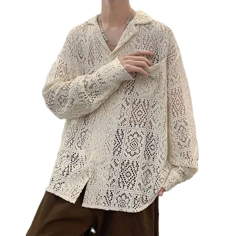 Oem Summer Men Casual Texture Crotchet Button up Lace Shirt Customized Mens Stylish Short Sleeves Crochet Hot Shirts for
