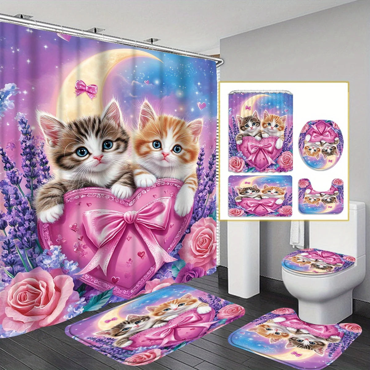 Kitten Love Rose Waterproof Polyester Shower Curtain with Anti-Slip Bath Mat Set Home Decor Bathroom Carpet and Toilet Rugs