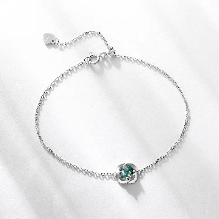 Dainty Real Gemstone Bracelets 925 Sterling Silver Rhodium Plated CZ Diamond Round Green Moss Agate Bracelet
