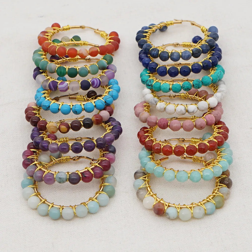 5cm Women's Trendy Beaded Hoop Earrings Stainless Steel Natural Stone Long-lasting Engagement Party Wedding Gift