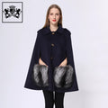 Janefur Winter Autumn Ladies Elegant Solid fox Fur Pockets Loose Cashmere Poncho