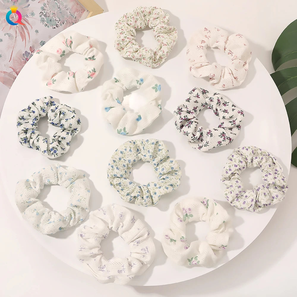 Qiyue Print Flower Tie Knitted Cotton Scrunchie for Women Girls 2021 New Design Cute Hair Accessories for Lady Girls