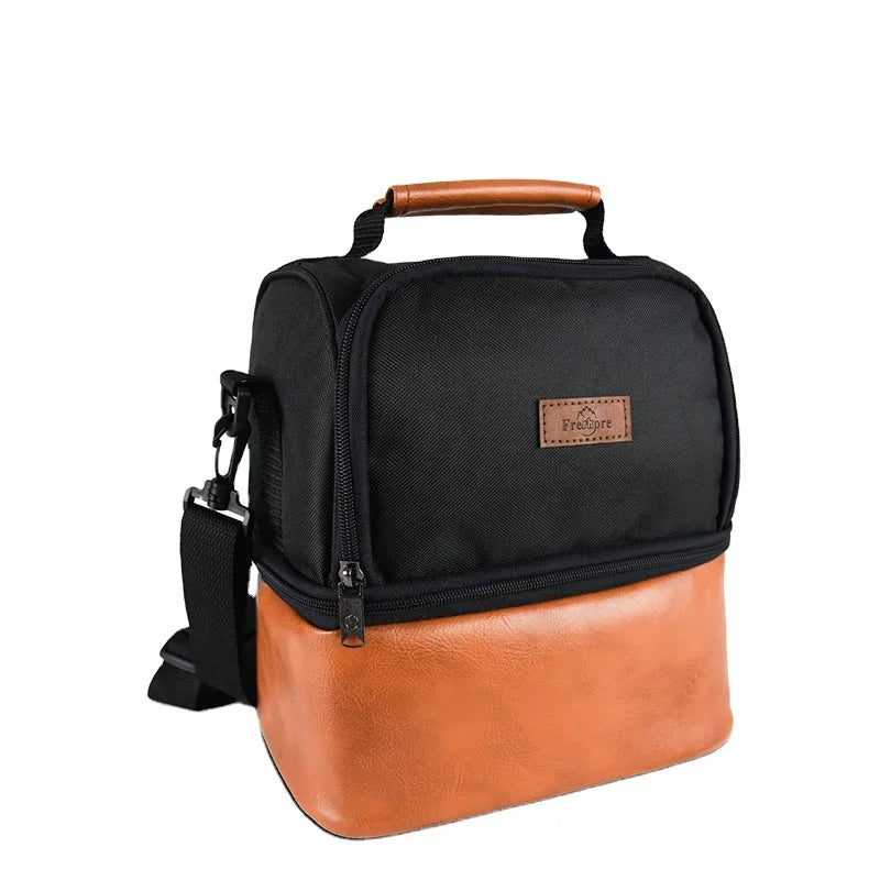 Large Expandable Reusable Insulated Lunch Cooler Tote Double Compartment Water-Resistant Lunch Box Leopard Made Polyester