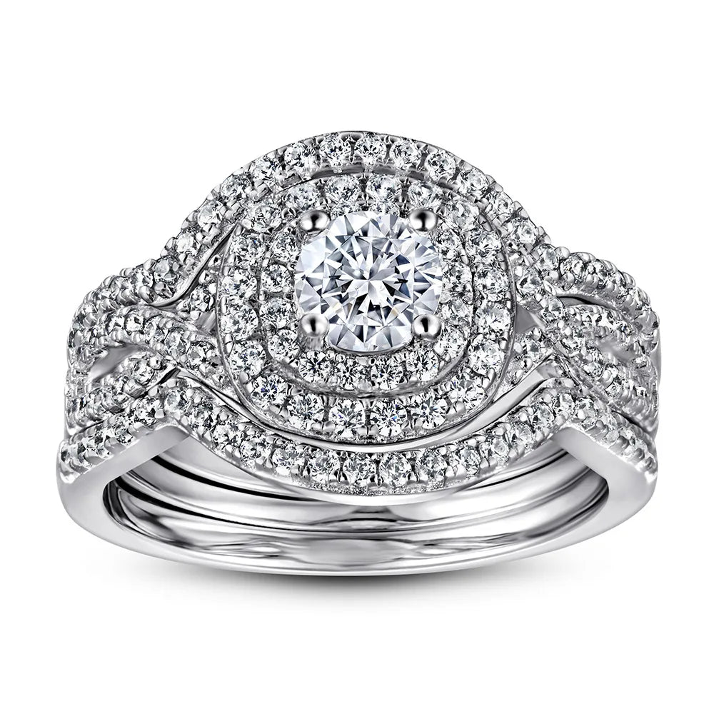 2024 Women's Sterling Silver 925 Engagement Wedding Ring Set Halo Cluster AAAAA Cubic Zirconia Rhodium Bridal Jewelry Parties