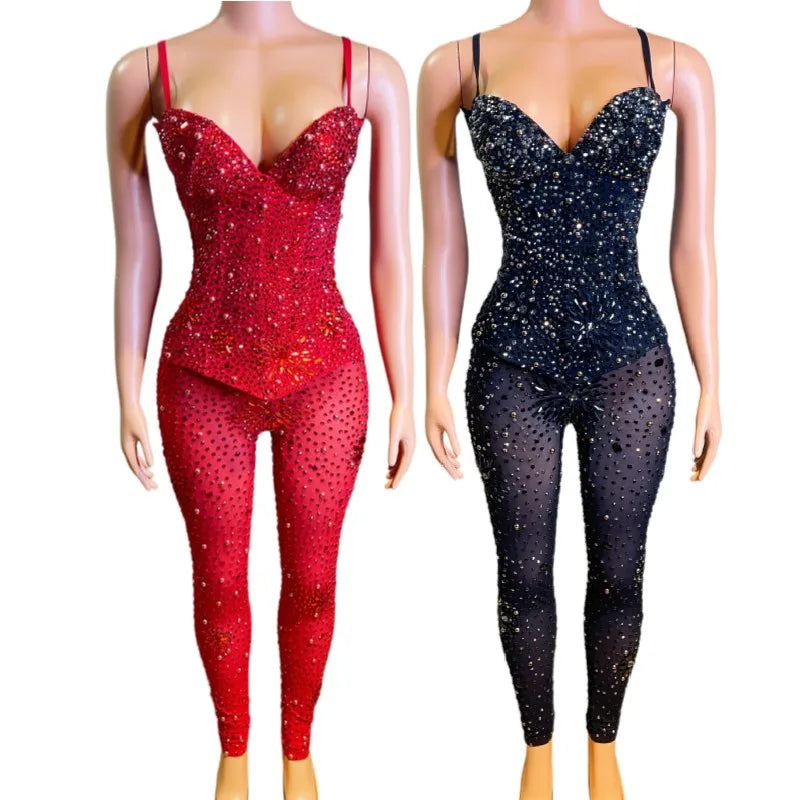 Sparkly Rhinestone Mesh Bodysuit Plus Size Dance Leotard Stage Performance Wear Women Sexy Club Party Bodycon One Piece Jumpsuit