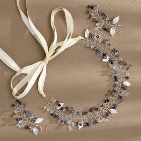 Wedding Headpiece Crystal Colorful Beads Forehead Band With Handmade Earrings Set Adjustable Ribbon for Bride and Bridesmaid