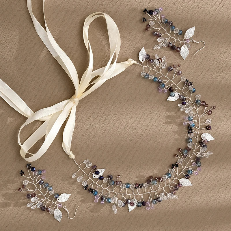 Wedding Headpiece Crystal Colorful Beads Forehead Band With Handmade Earrings Set Adjustable Ribbon for Bride and Bridesmaid