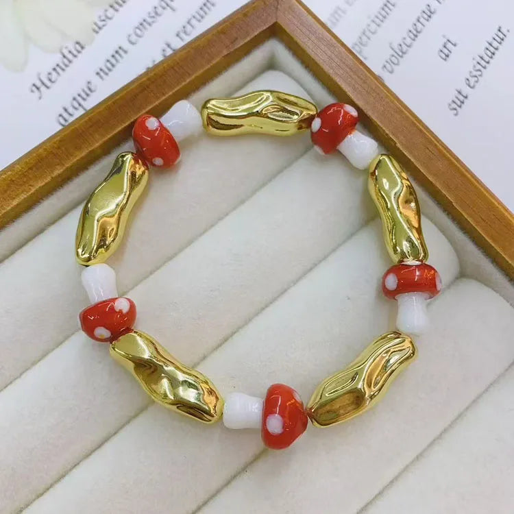 BG1143  Chic Cute  18K Gold Plated Nugget Beads and Colorful Multi Colored Lampwork Glass Mushroom Beads Beaded Elastic Bracelet