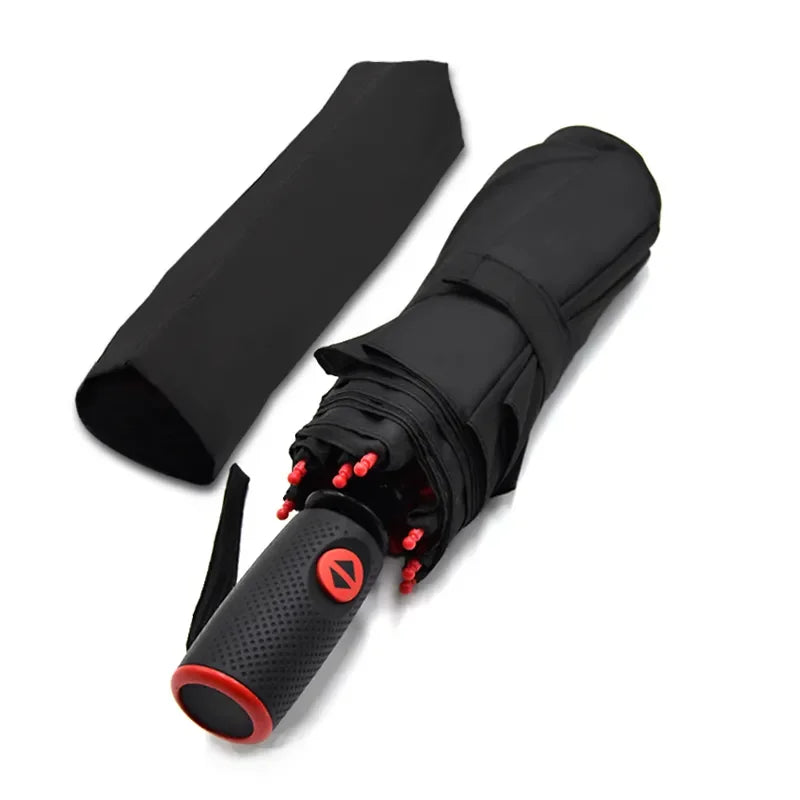 New Design Red Fiberglass Ribs Advertising Gift Umbrella  Automatic Custom Logo Business Travel Compact Three Folding Umbrella