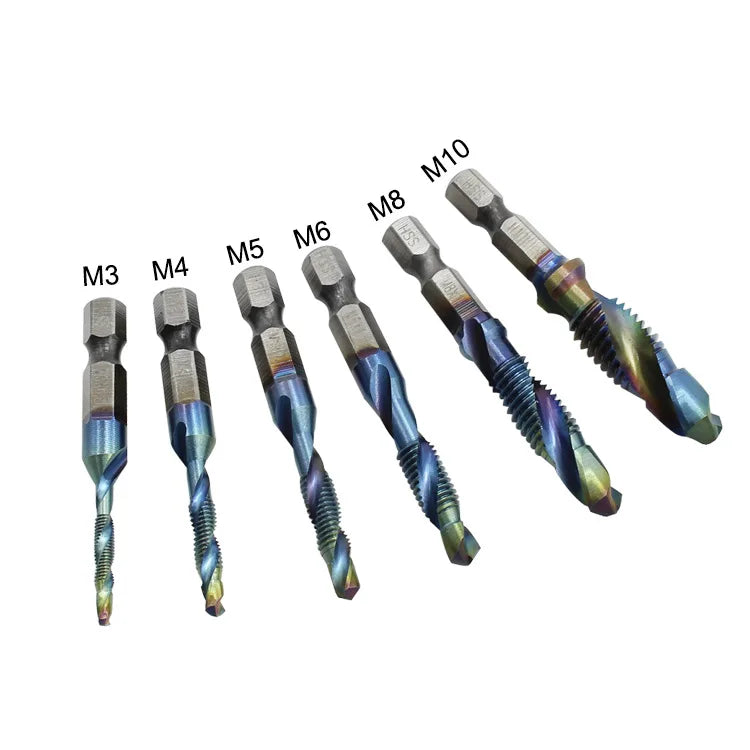 Durable 6PCS Metric Screw Tap Drill Bit Set with HSS Spiral Taps M3-M10 Hex Shank for Quick Change