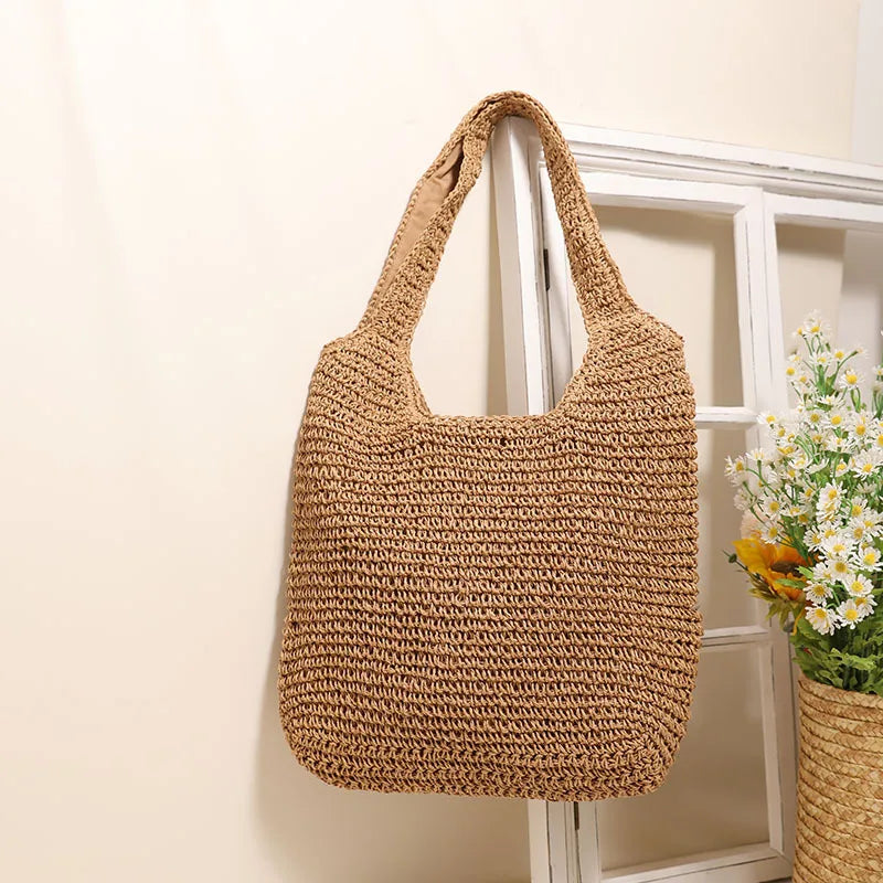 Wholesale Women Fashion Beach Shoulder Handmade Straw Handbag Hand-woven Summer Spring Autumn Zip Portable Two-Strap
