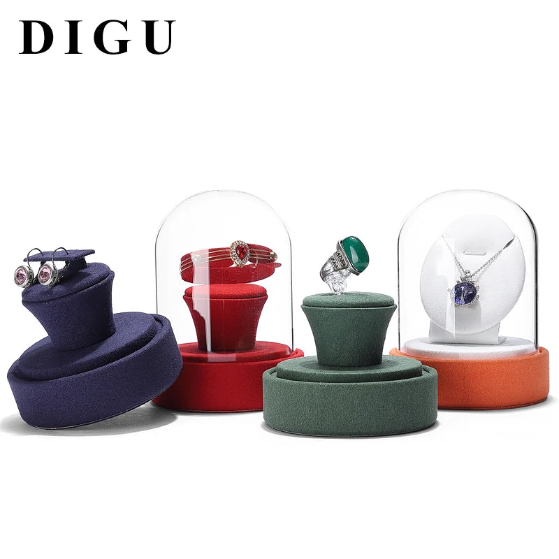 Digu Transparent Glass Cover Jewelry Display Props Ring Necklace Display Stand Jewelry Tray with Art Decoration Dustproof Cover