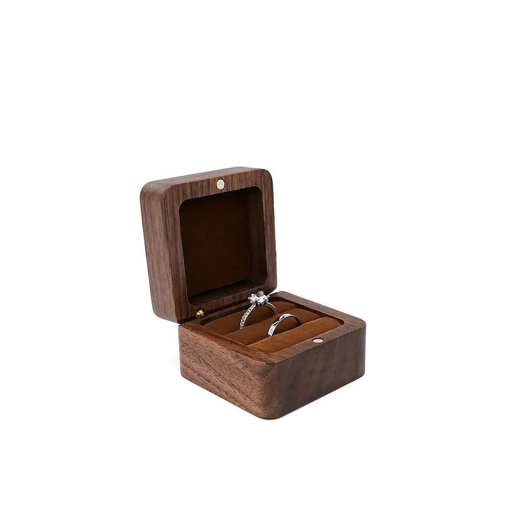Square Wedding Walnut Wood Jewelry Double Ring Box