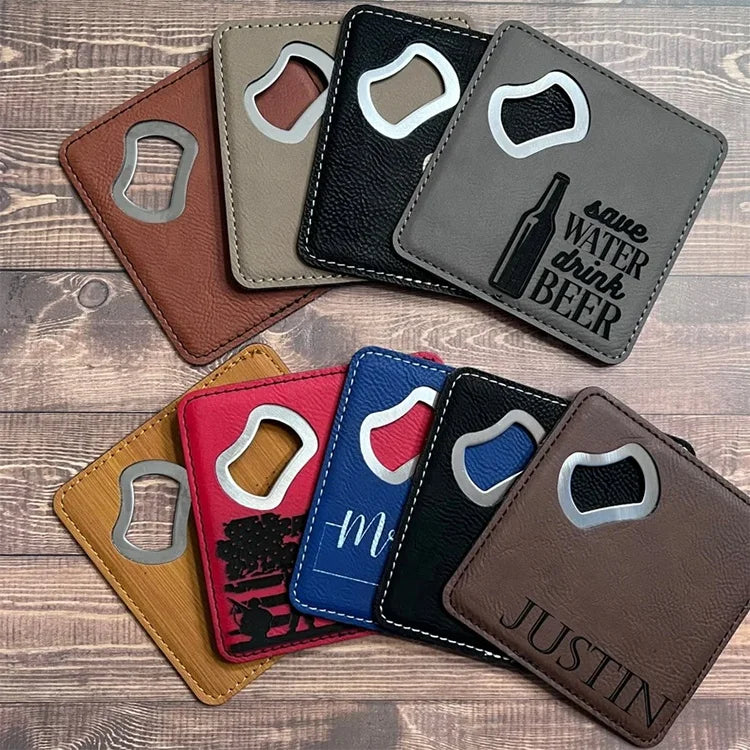 Multifunctional Pu Leather Bottle Opener Coaster Custom Engraved Logo Blank Laserable Leatherette Square Bottle Opener