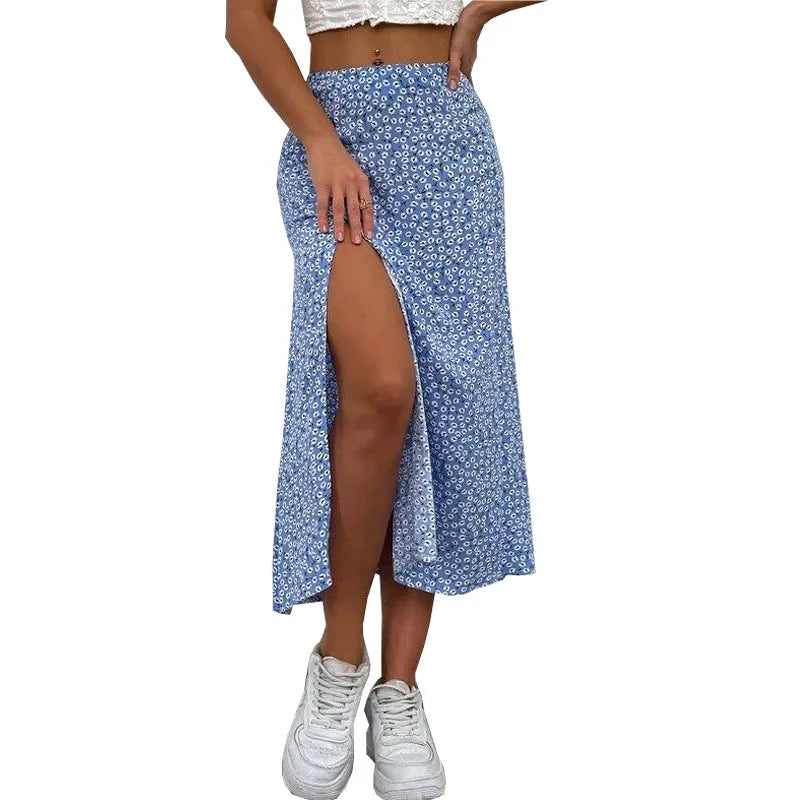 Hot Sale Ditsy Floral Skirts Spring Summer Sweet Boho Style Empire Waist High Slit Mid-Length Womens Skirts