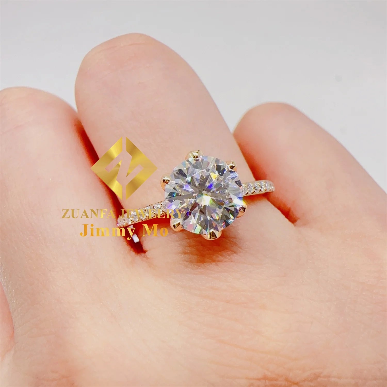Luxury Bridal Jewelry Elegant 14k Solid Yellow Gold 2Ct Round Brilliant Moissanite Diamond Flower Engagement Ring