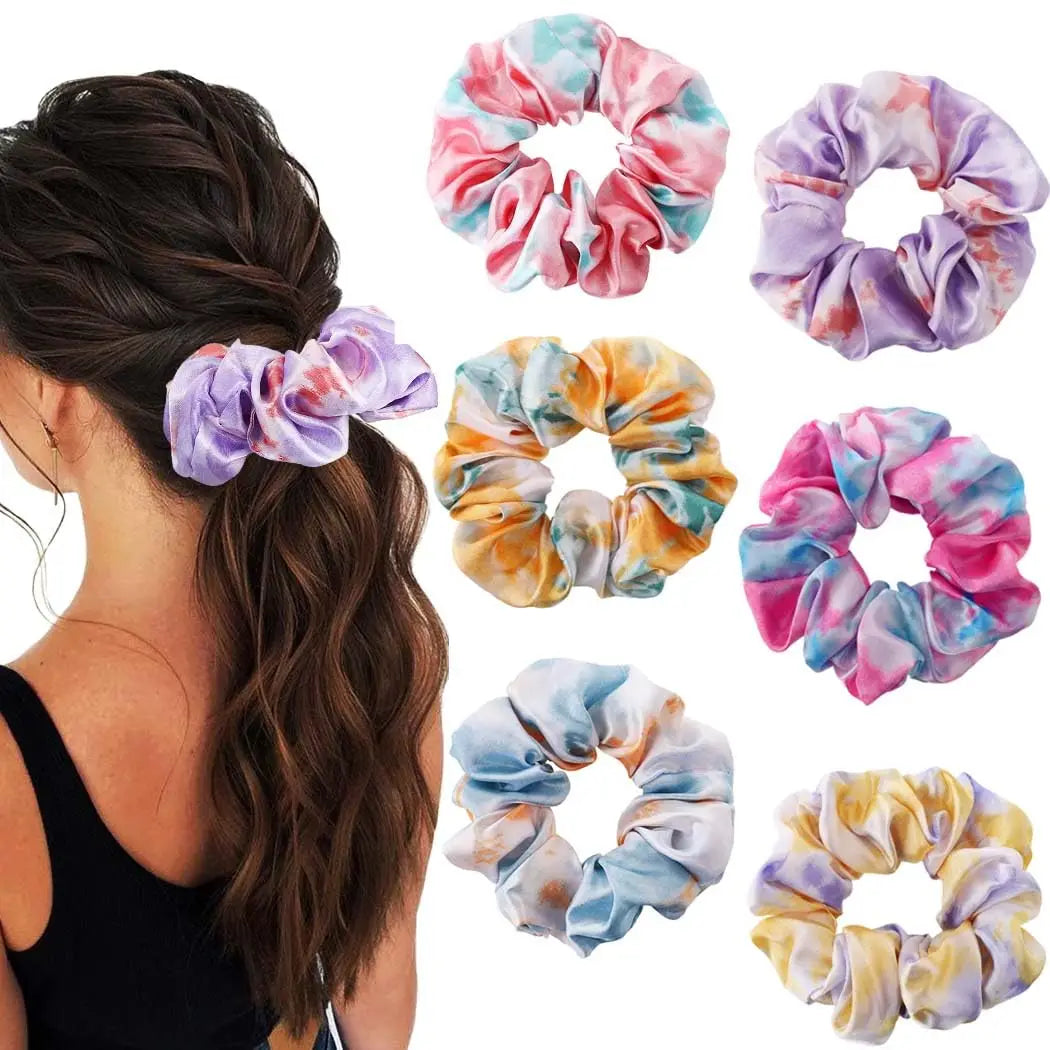 Wholesale 6pcs Tie-Dye Silk Satin Scrunchies Fashion Hair Bands Wrist Bracelets Customizable Designs Durable Lightweight