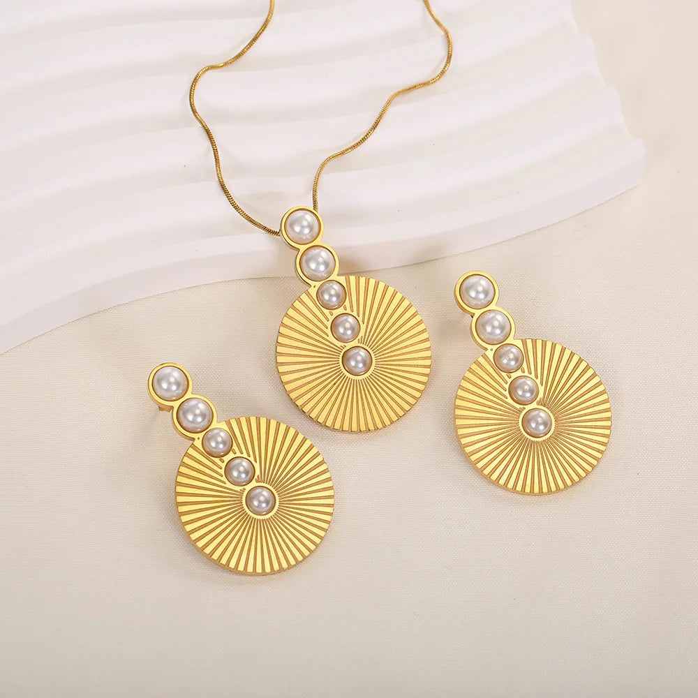 High Quality 18K Gold Plated Stainless Steel Round Fan Shape Cubic Zircon Pearl Earrings Necklace for Wedding and Party