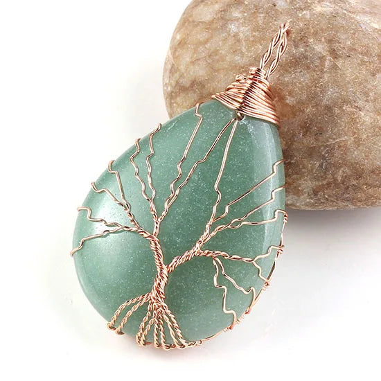 HZ Arrival Fashion Natural Stone Copper Wire Wrapped Tree of Life Healing Green Aventurine Pendant Women Crystals Jewelry