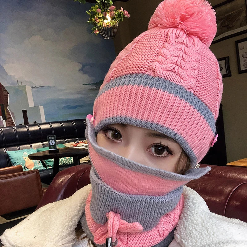 Factory Direct Custom Logo Thermal Knitted for Women Outdoor Winter Hat Scarf Mask Sets