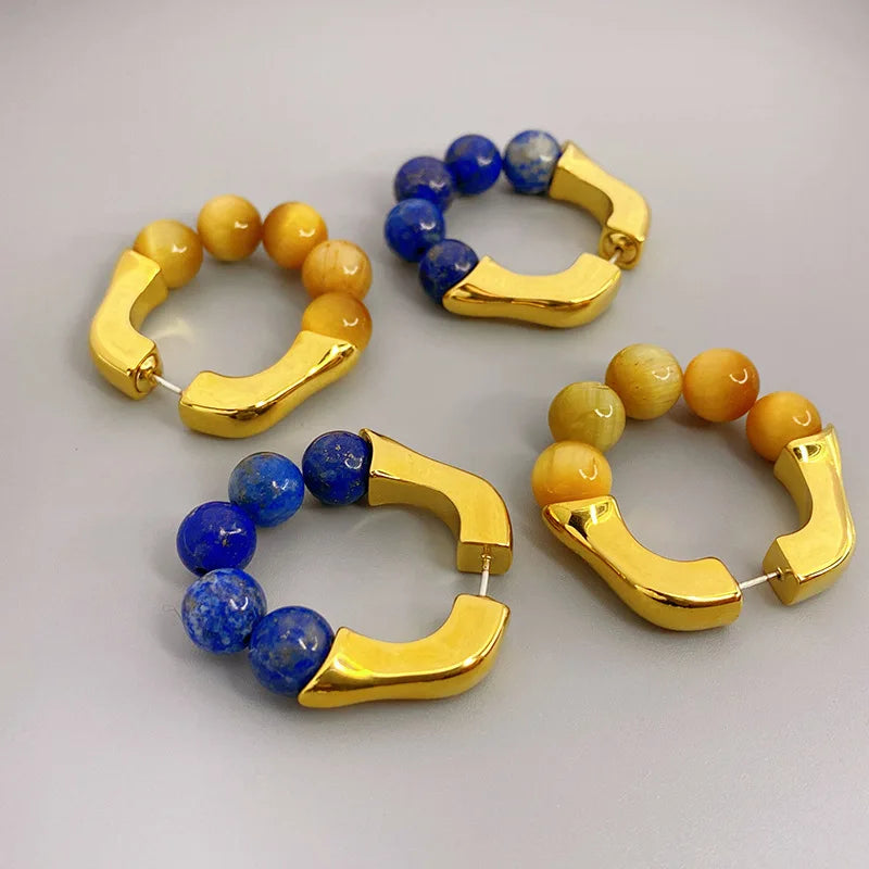 Chic Boutique Lapis tiger Eye Gem-stone Healing Power Stone Beads Beaded Hoop Huggie Earring Women Earrings