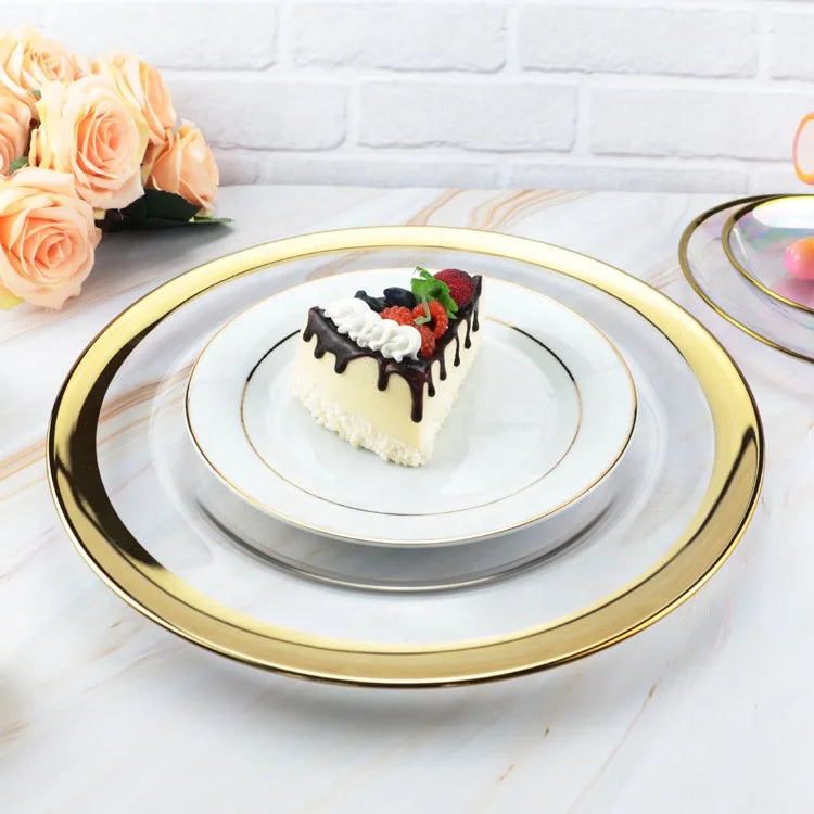 Minimalist Classic Tableware 200pcs Round Wedding Glass Plate Chargers Glass Under Plates Gold Rim 13inch Charger Plates