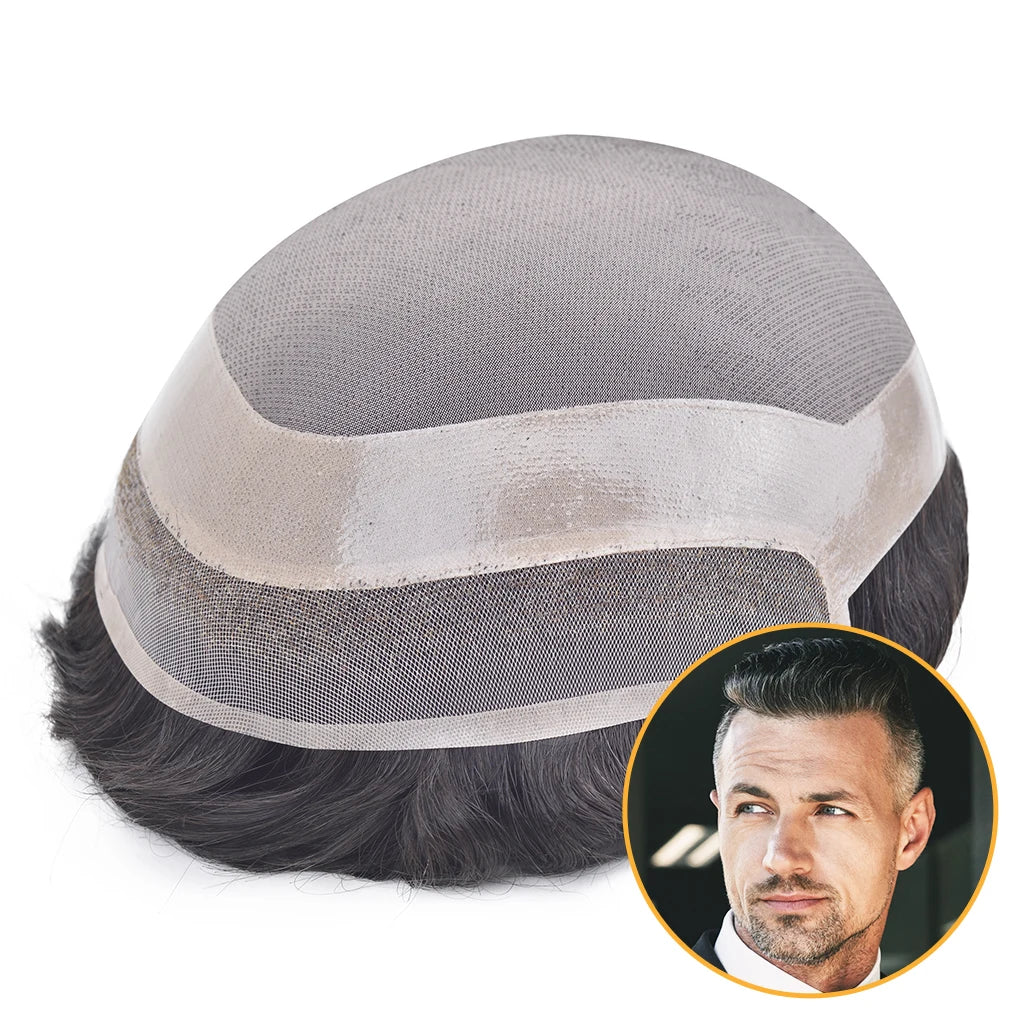 P1-3-5 Mono Base Toupee With Skin Perimeter Lace Front Men's Natural Indian Human Hair Replacement Toupee Virgin Wave Style
