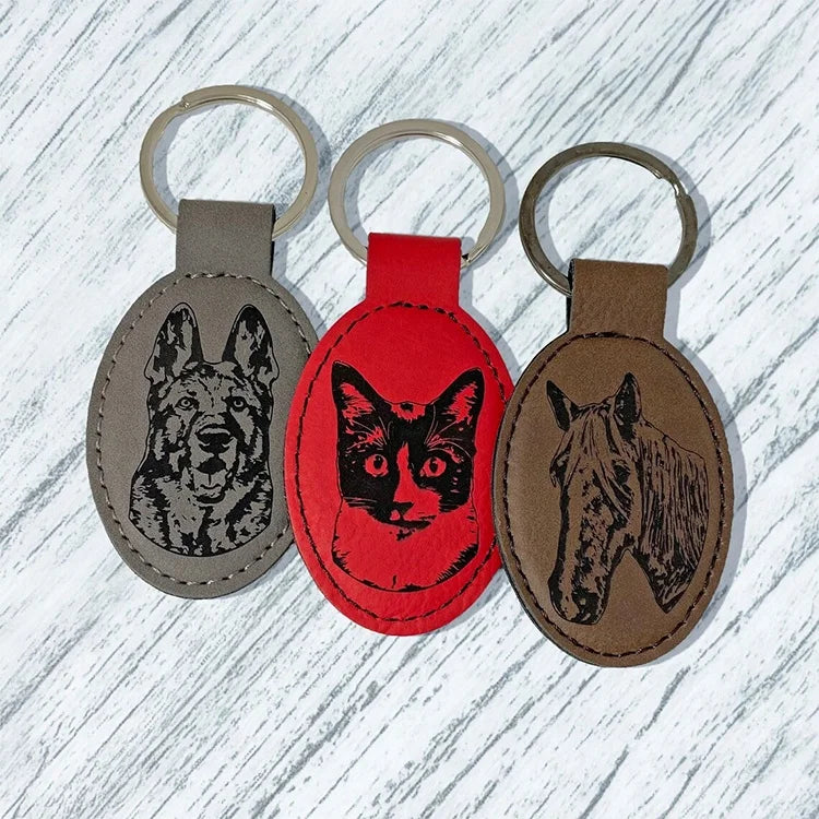 Wholesale Colorful Laser Engraved Pu Leather Square Keyring Personalized Custom Blank Laserable Leatherette Oval Keychain