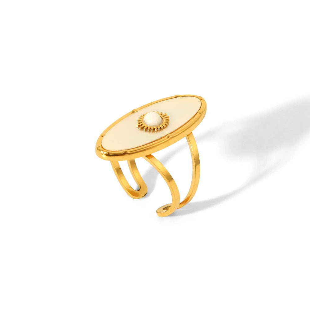 Waterproof Stainless Steel 18K Gold Plated Double Layers Oval Natural White Shell Open Ring for Ladies