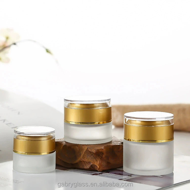 Custom Logo Printing Face Cream Round 20ml 30ml 50ml Gold Lid 30gm Frosted Glass Jar for Cosmetics