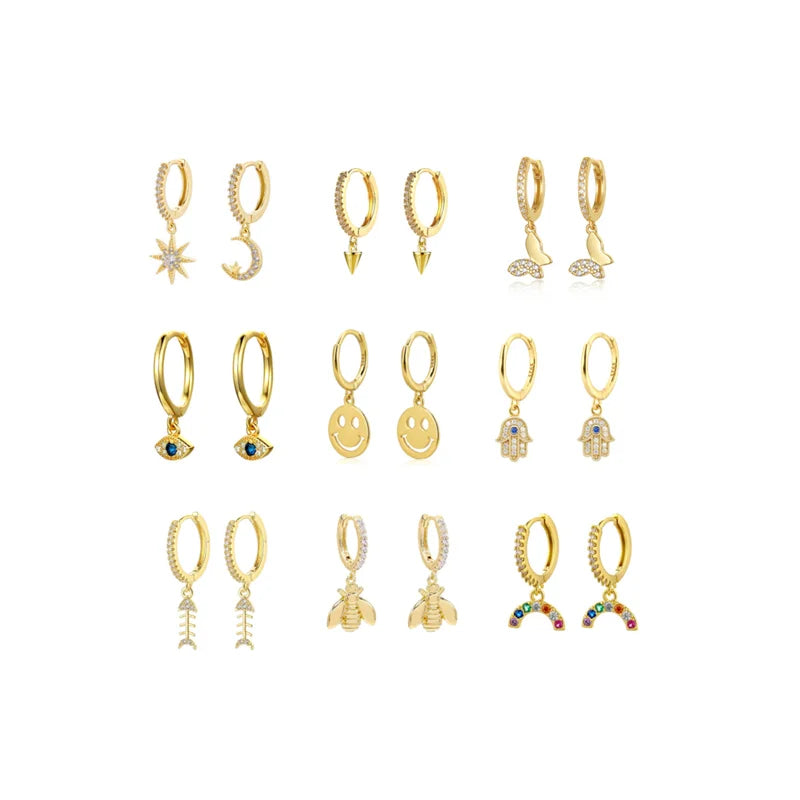 Sparkling Moon & Star Charms Huggie Hoop Earrings for Women Copper Dangle Hoops for Teen Girls